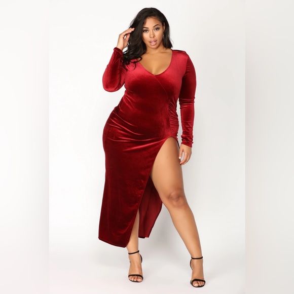 Thigh High Front Slit Velvet Dress - Wine M - Picture 7 of 7